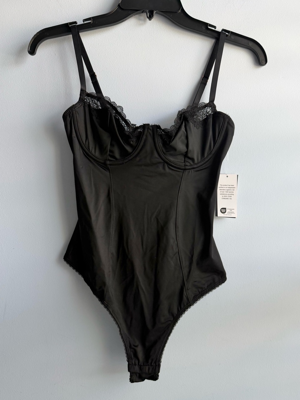 INC Women's Black Satin Underwire Micro Bodysuit Lingerie Lace Size Small